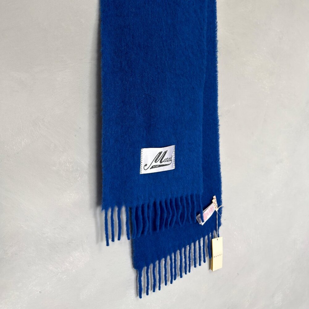 Marni: Embroidered Logo Alpaca Felted Wool Classic Blue Scarf FW26 - Picture 4 of 10
